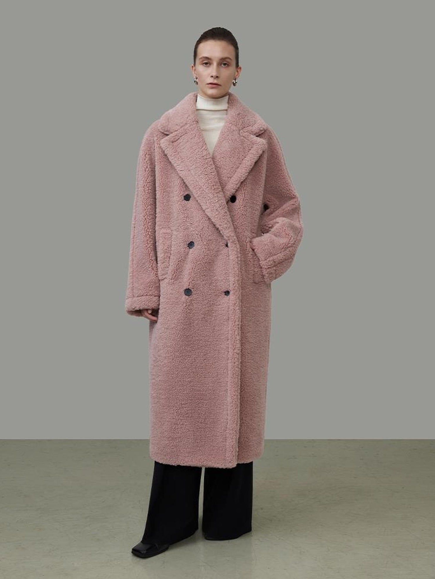 UNSPOKEN Thickened Double Breasted Minimalist Straight Long Women Polyester Nude Pink Coat