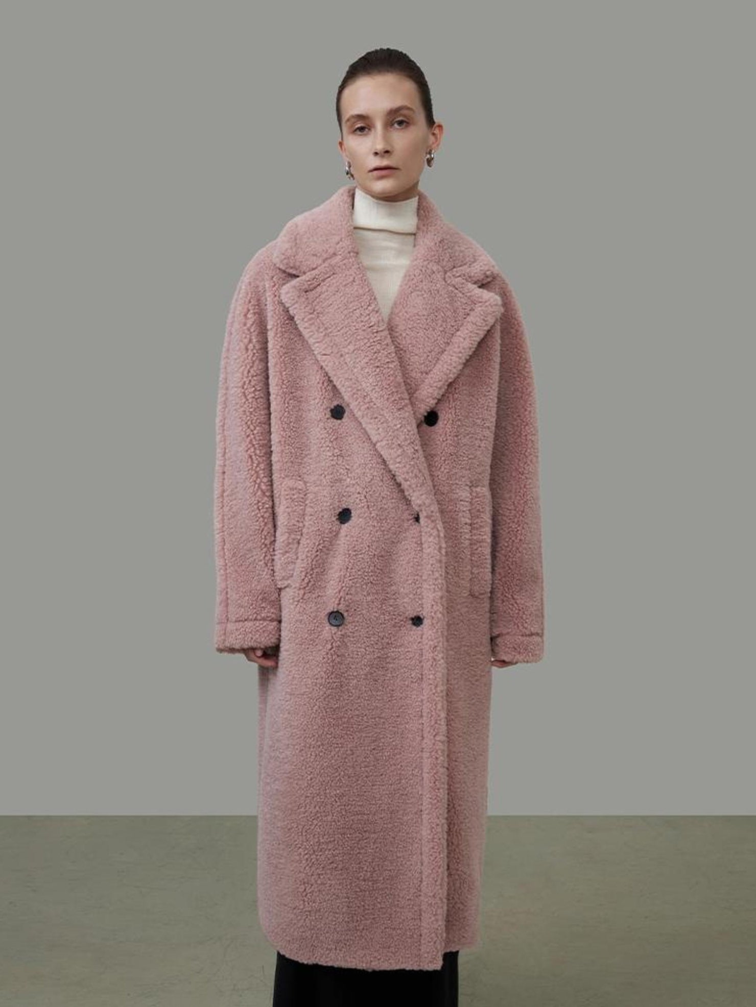 UNSPOKEN Thickened Double Breasted Minimalist Straight Long Women Polyester Nude Pink Coat