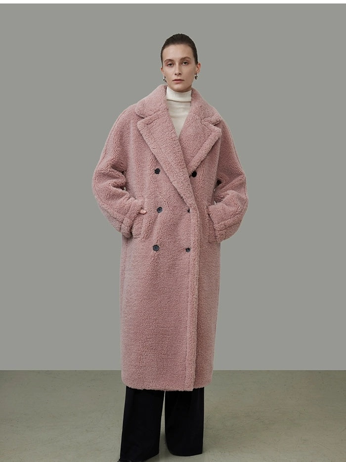 UNSPOKEN Thickened Double Breasted Minimalist Straight Long Women Polyester Nude Pink Coat