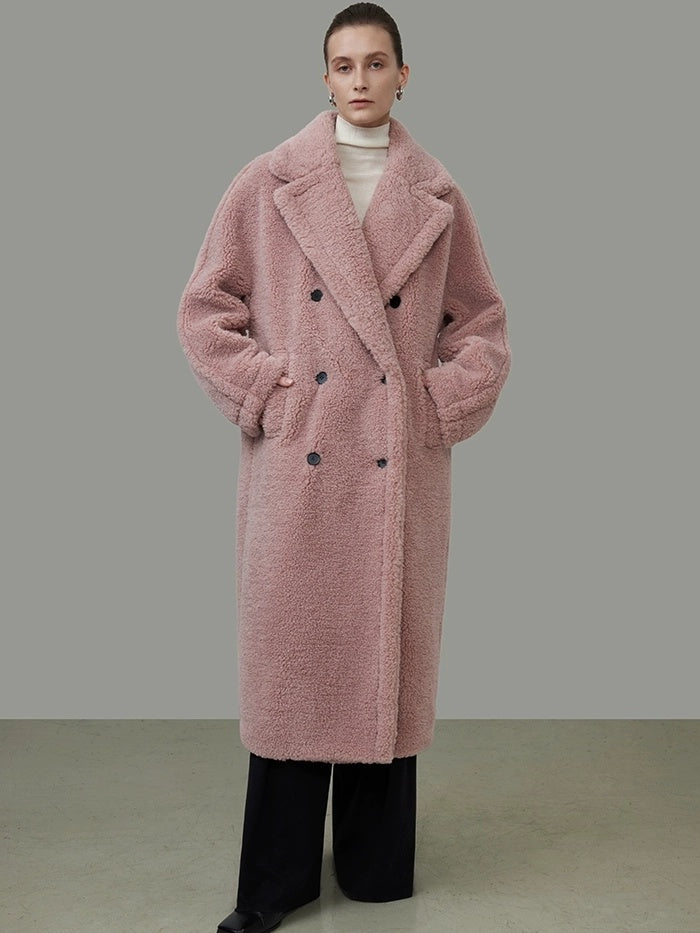 UNSPOKEN Thickened Double Breasted Minimalist Straight Long Women Polyester Nude Pink Coat