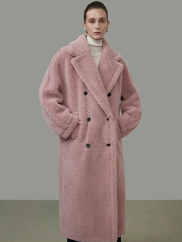 UNSPOKEN Thickened Double Breasted Minimalist Straight Long Women Polyester Nude Pink Coat