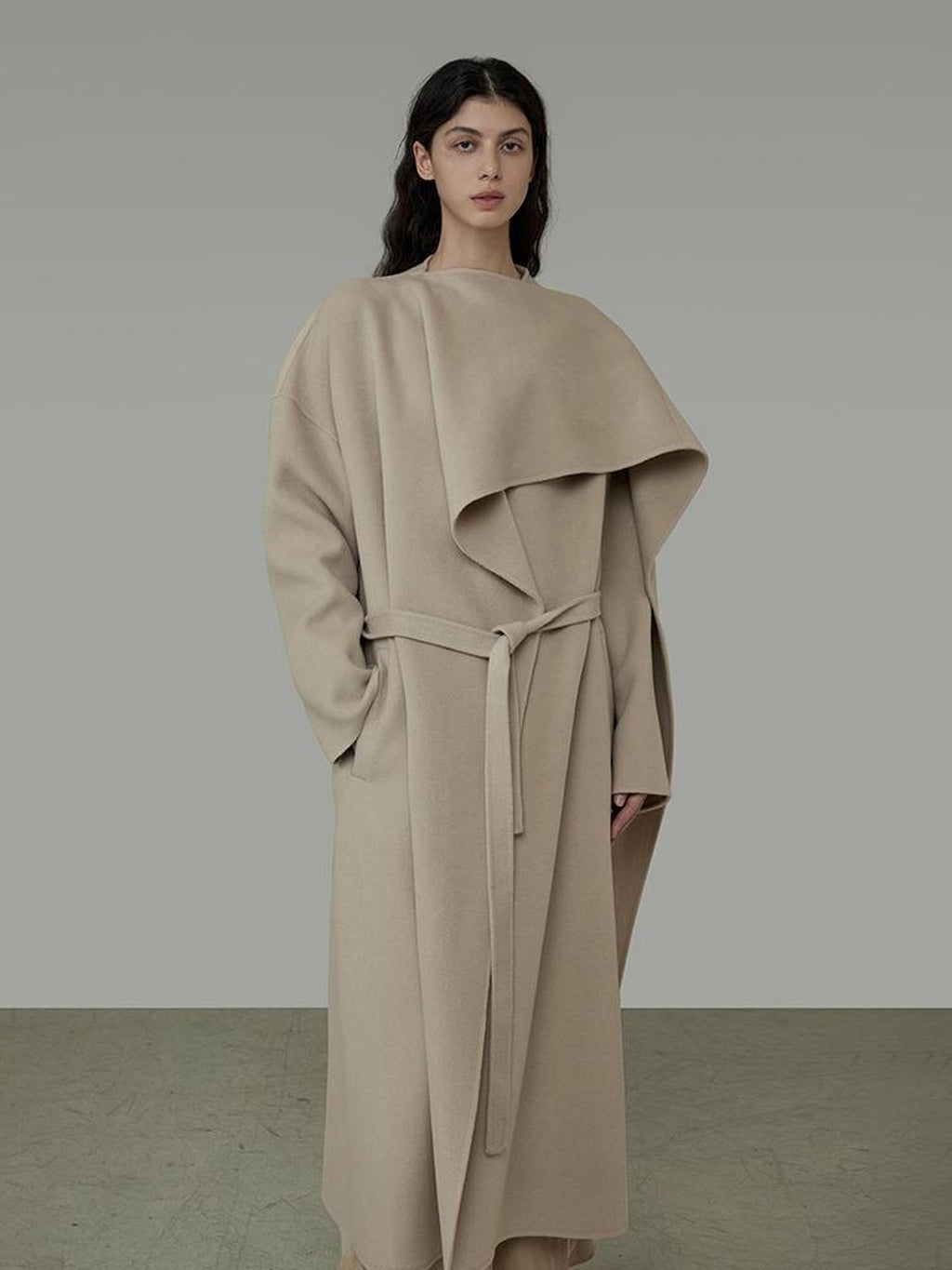 UNSPOKEN Tie Waist Minimalist Office Loose Fit Structured Tailoring Women Long Gray Coat