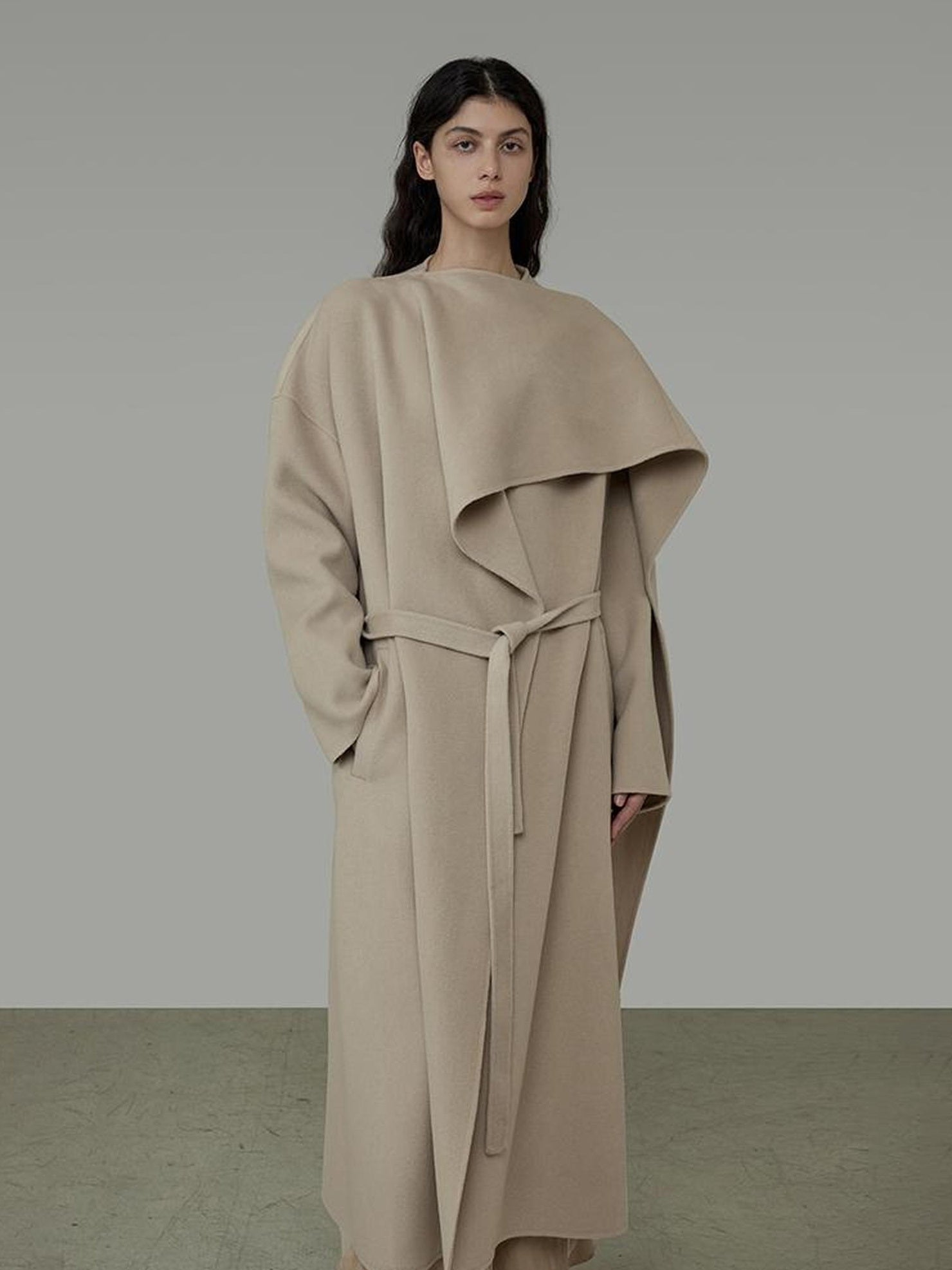 UNSPOKEN Tie Waist Minimalist Office Loose Fit Structured Tailoring Women Long Gray Coat