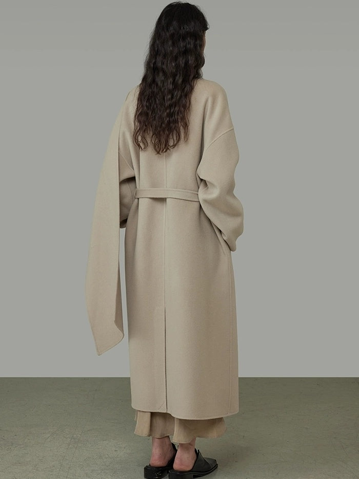 UNSPOKEN Tie Waist Minimalist Office Loose Fit Structured Tailoring Women Long Gray Coat