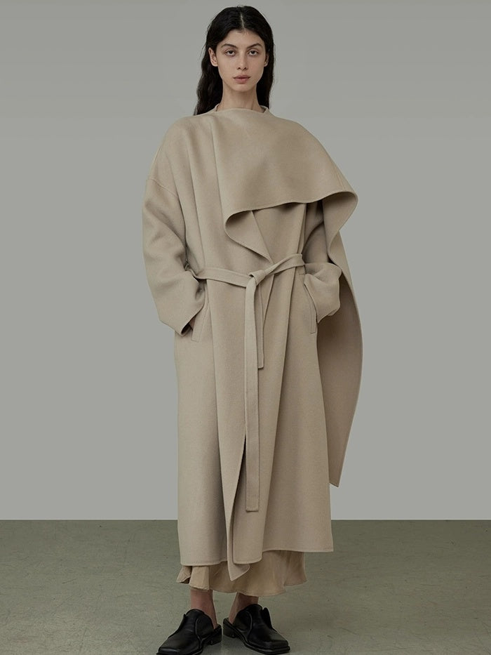 UNSPOKEN Tie Waist Minimalist Office Loose Fit Structured Tailoring Women Long Gray Coat