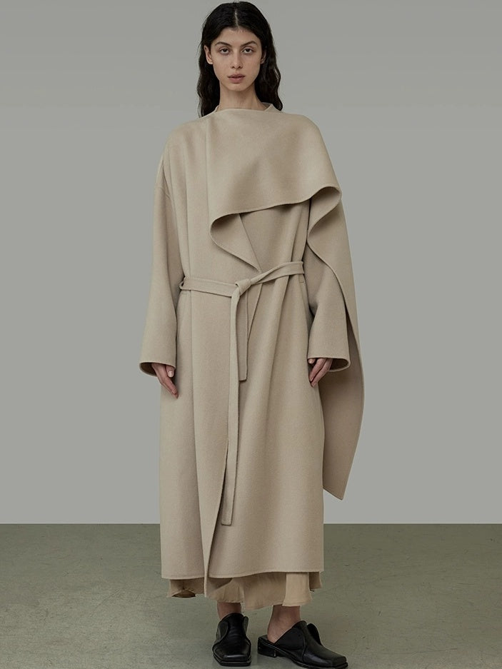 UNSPOKEN Tie Waist Minimalist Office Loose Fit Structured Tailoring Women Long Gray Coat