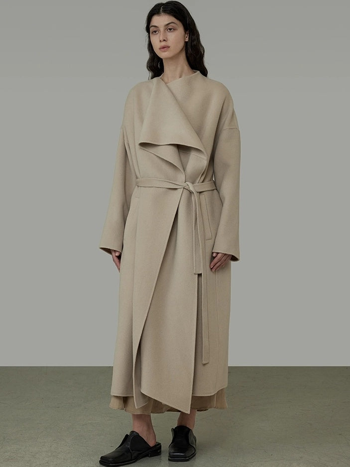 UNSPOKEN Tie Waist Minimalist Office Loose Fit Structured Tailoring Women Long Gray Coat