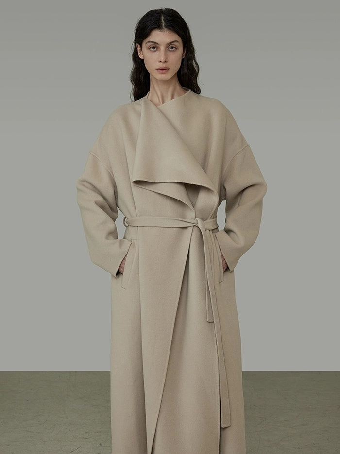 UNSPOKEN Tie Waist Minimalist Office Loose Fit Structured Tailoring Women Long Gray Coat