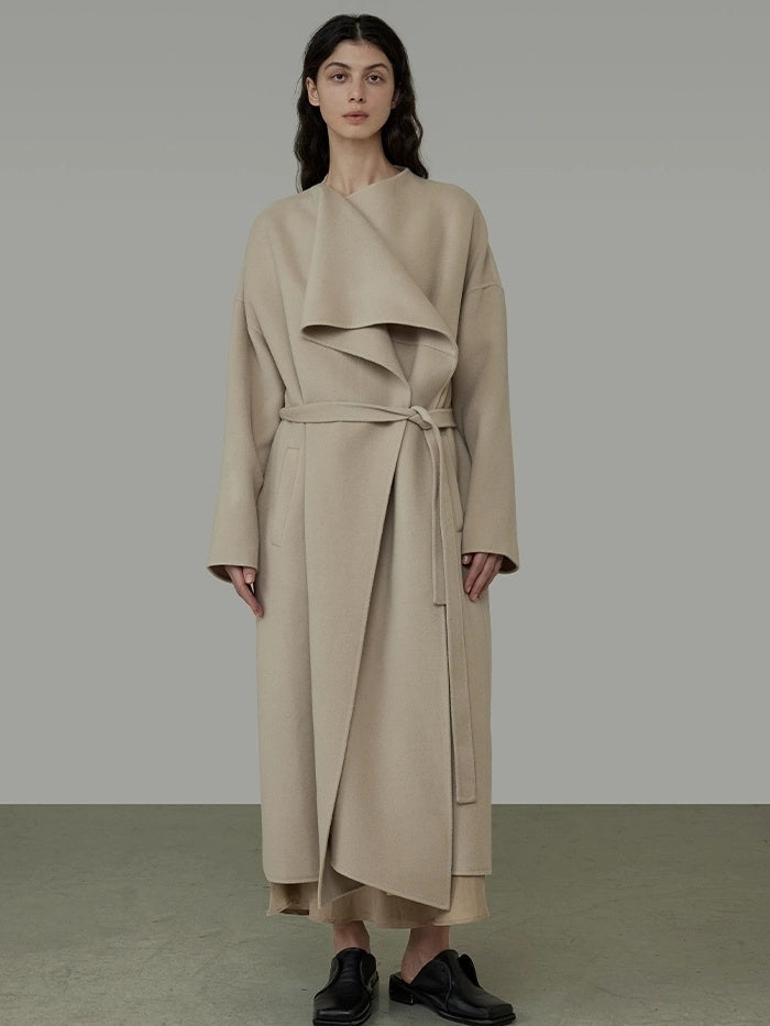 UNSPOKEN Tie Waist Minimalist Office Loose Fit Structured Tailoring Women Long Gray Coat