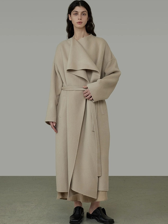 UNSPOKEN Tie Waist Minimalist Office Loose Fit Structured Tailoring Women Long Gray Coat