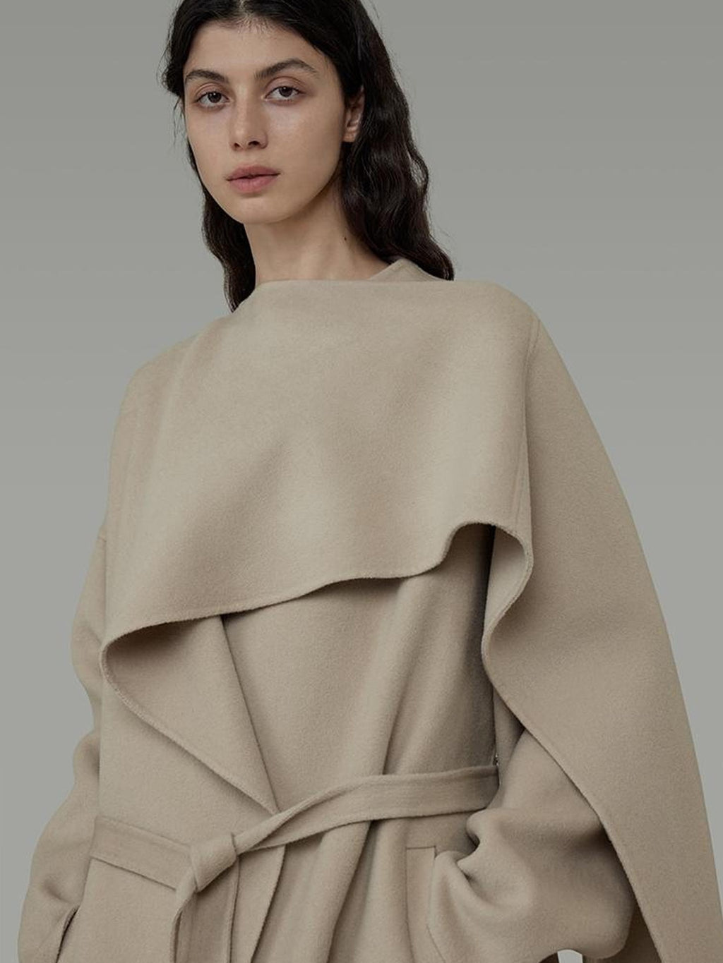 UNSPOKEN Tie Waist Minimalist Office Loose Fit Structured Tailoring Women Long Gray Coat