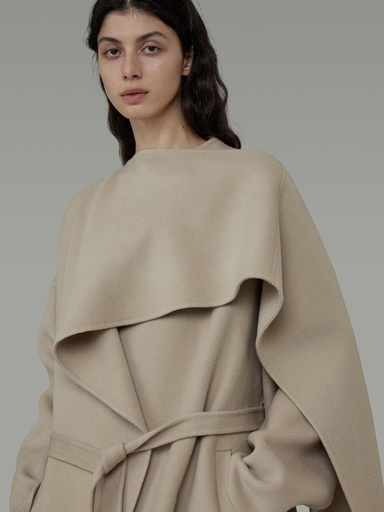 UNSPOKEN Tie Waist Minimalist Office Loose Fit Structured Tailoring Women Long Gray Coat