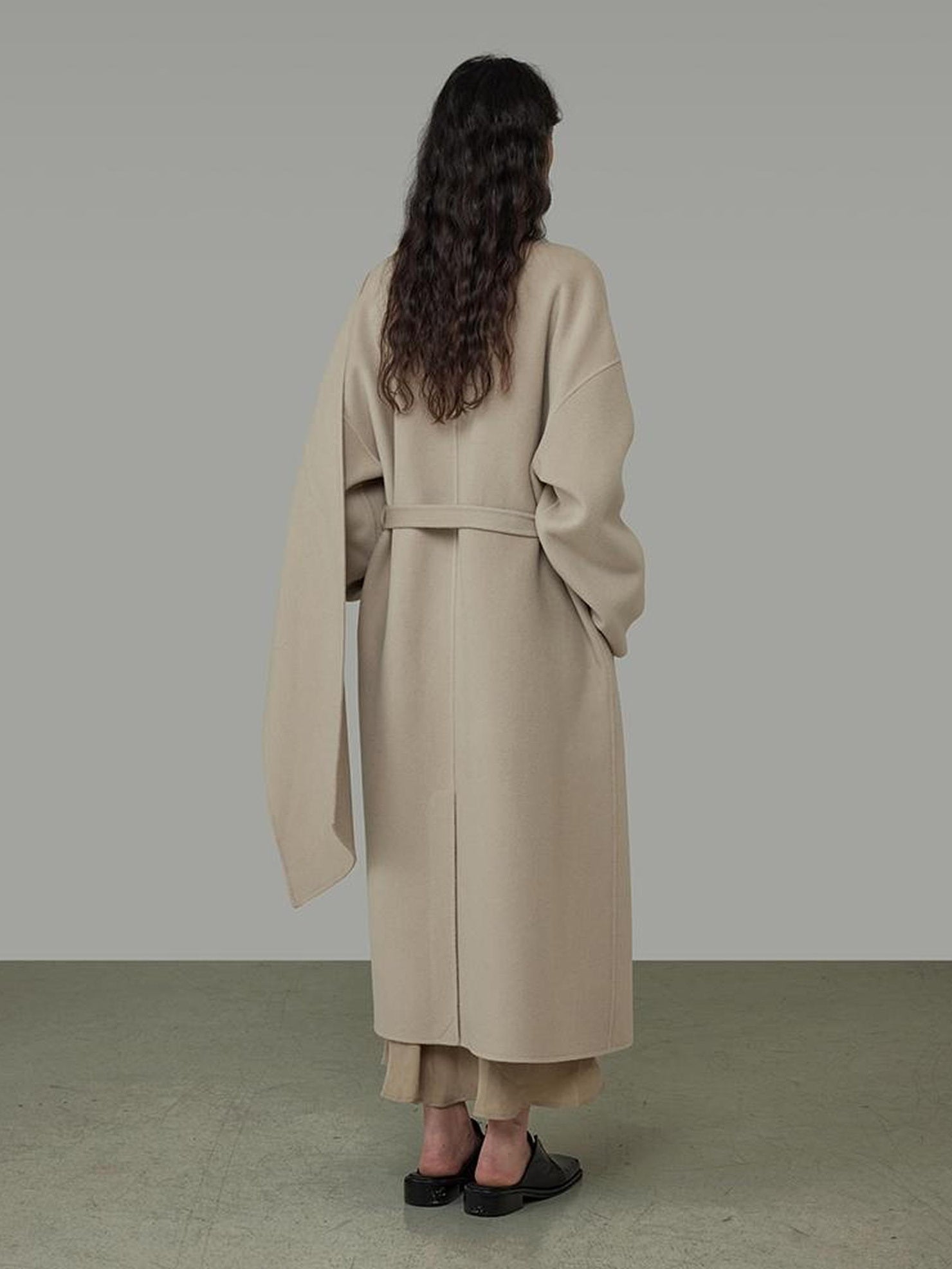 UNSPOKEN Tie Waist Minimalist Office Loose Fit Structured Tailoring Women Long Gray Coat