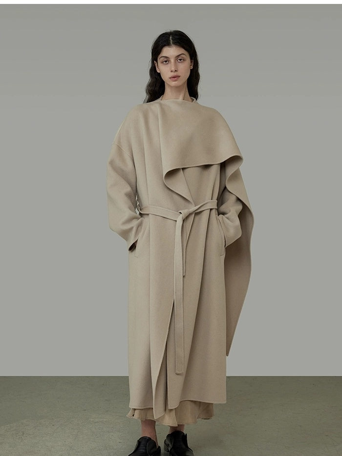 UNSPOKEN Tie Waist Minimalist Office Loose Fit Structured Tailoring Women Long Gray Coat