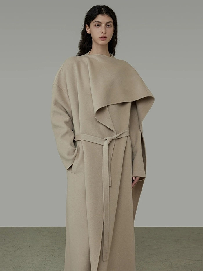 UNSPOKEN Tie Waist Minimalist Office Loose Fit Structured Tailoring Women Long Gray Coat