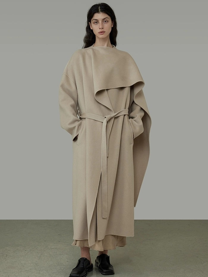 UNSPOKEN Tie Waist Minimalist Office Loose Fit Structured Tailoring Women Long Gray Coat