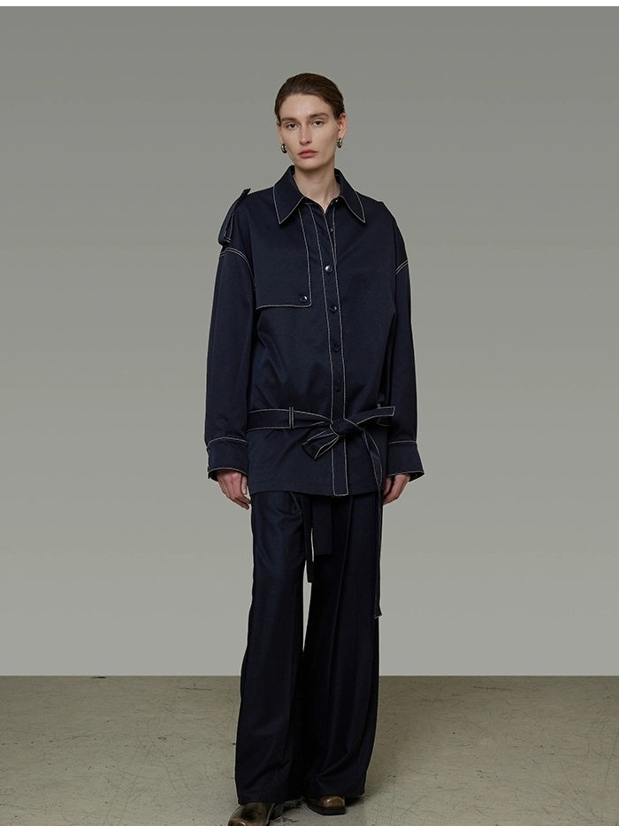 UNSPOKEN Vintage Oversized Irregular Pocket Small Lapel Women Daily Navy Polyester Jacket