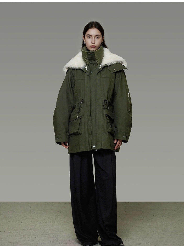 UNSPOKEN Warm 90% White Duck Down Midlength Loose Fit Collar Fur Trim Women Down Coat