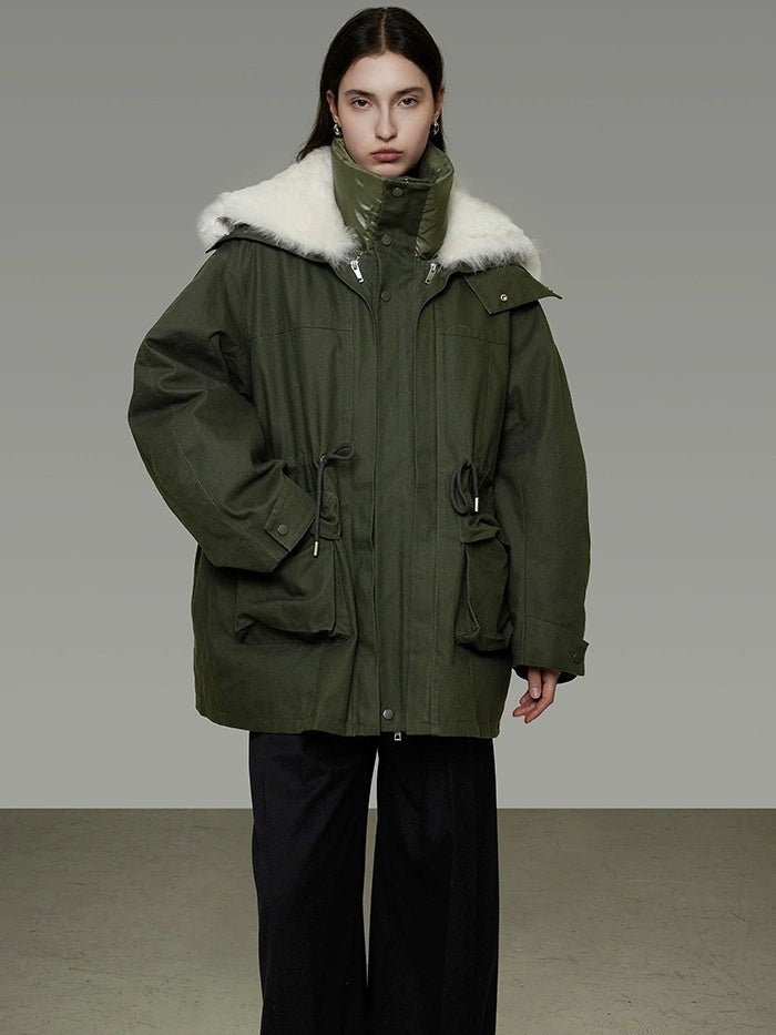 UNSPOKEN Warm 90% White Duck Down Midlength Loose Fit Collar Fur Trim Women Down Coat