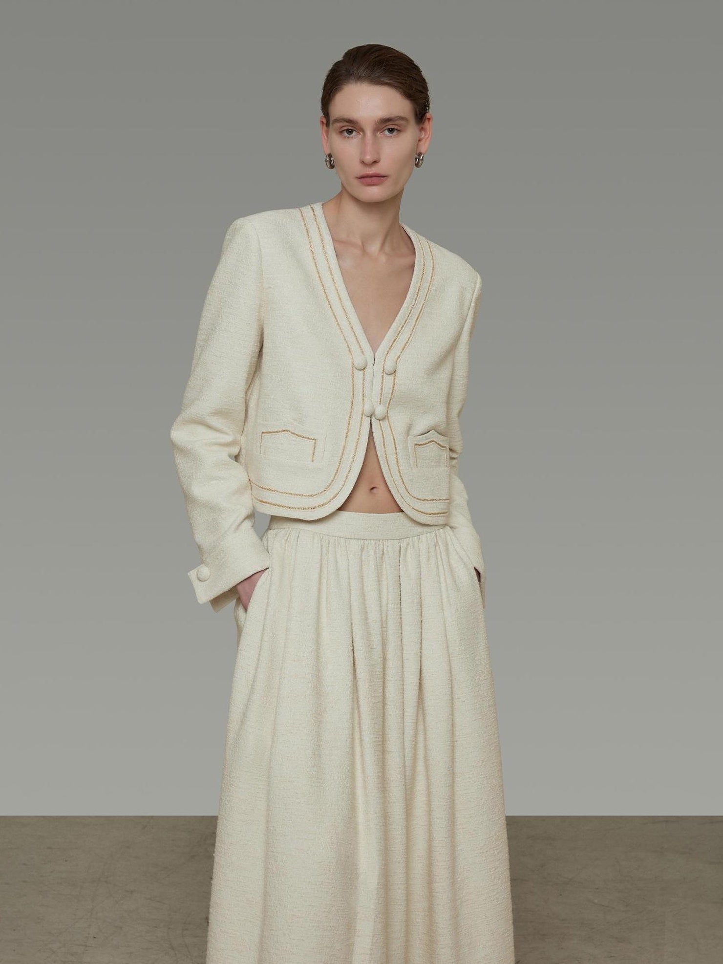 UNSPOKEN Warm Cotton V Neck Button Short Relaxed Fit Two Piece Office White Blouse