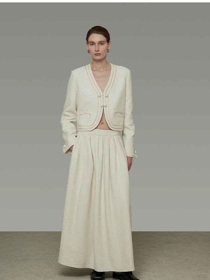 UNSPOKEN Warm Cotton V Neck Button Short Relaxed Fit Two Piece Office White Blouse