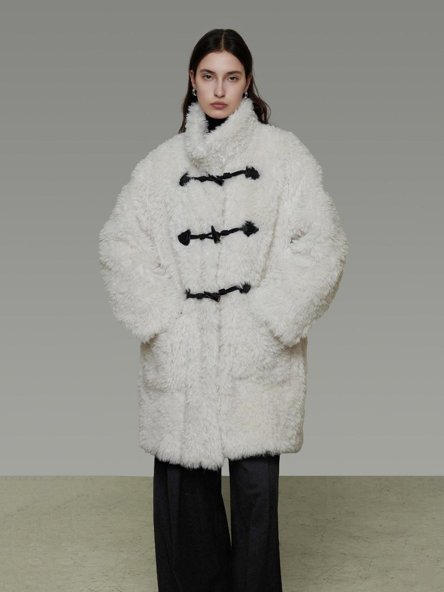 UNSPOKEN Warm Fur Trimmed Stand Collar Minimal Workwear Loose Mid Length Gray Women Coat