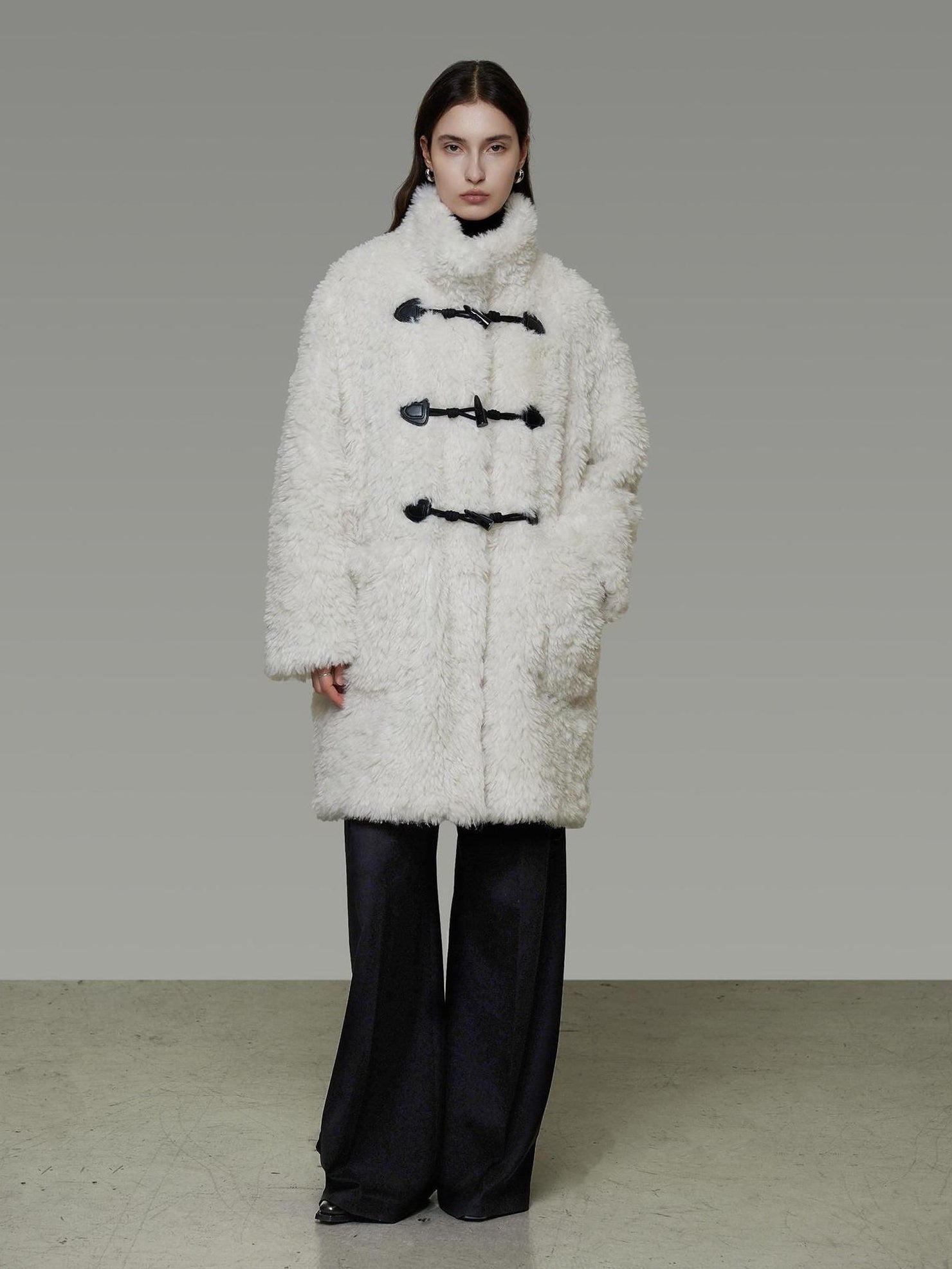 UNSPOKEN Warm Fur Trimmed Stand Collar Minimal Workwear Loose Mid Length Gray Women Coat