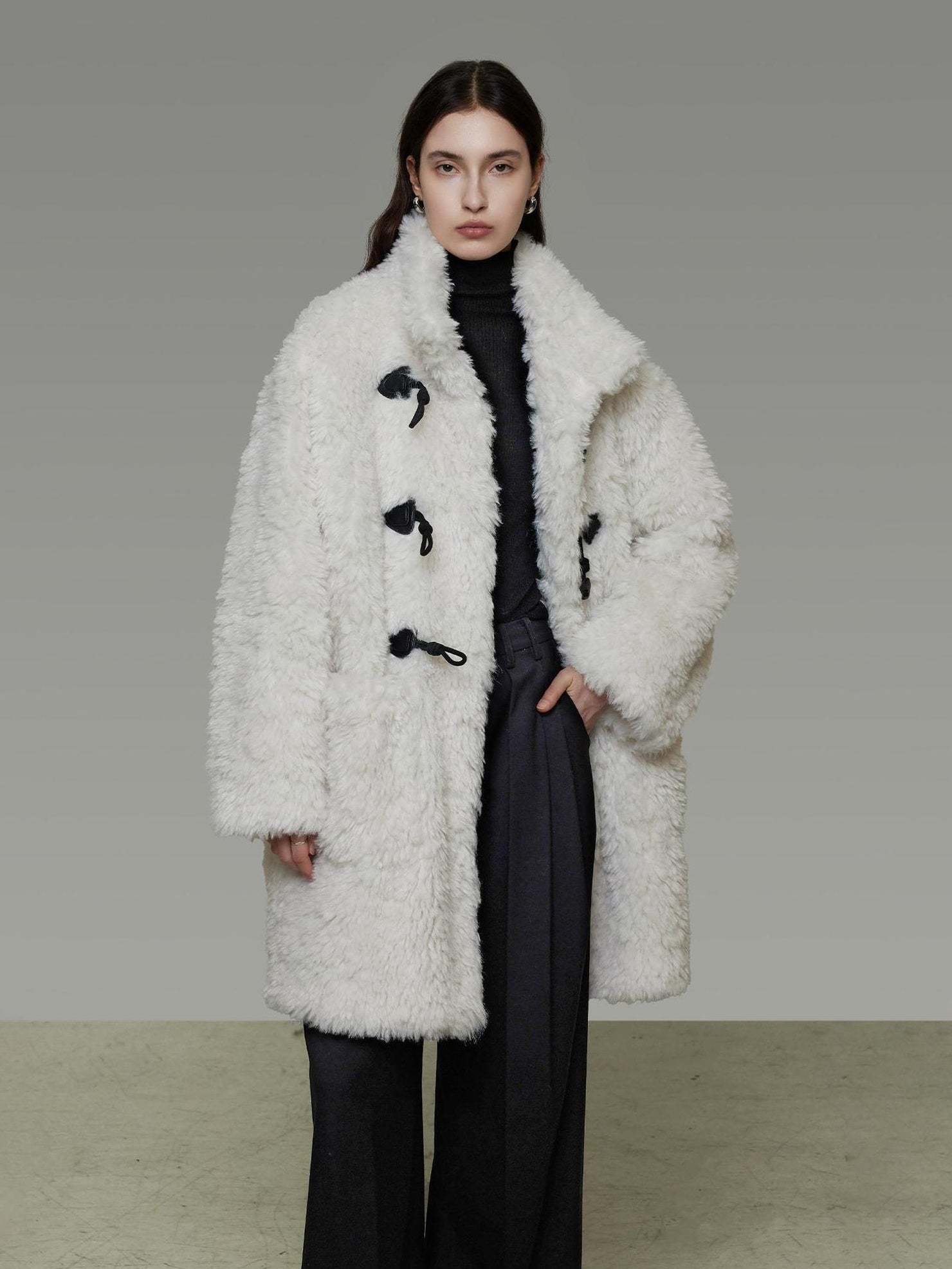 UNSPOKEN Warm Fur Trimmed Stand Collar Minimal Workwear Loose Mid Length Gray Women Coat