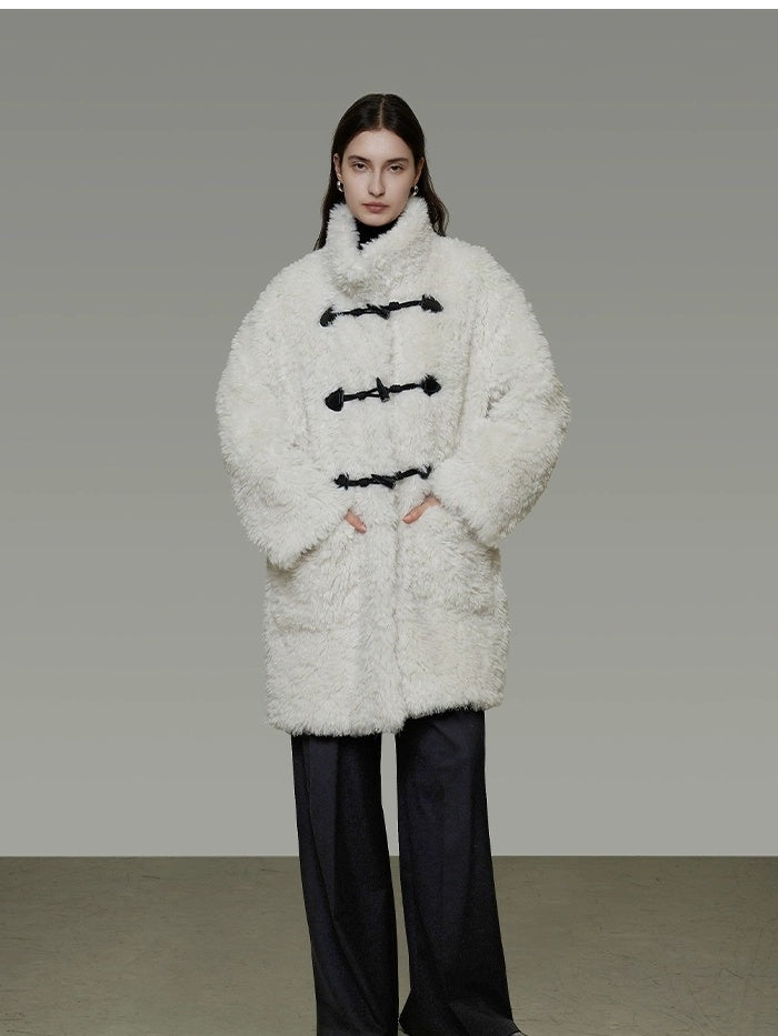 UNSPOKEN Warm Fur Trimmed Stand Collar Minimal Workwear Loose Mid Length Gray Women Coat