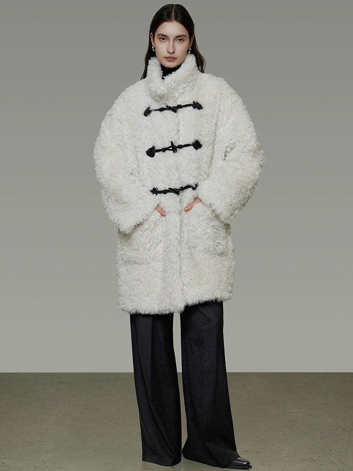 UNSPOKEN Warm Fur Trimmed Stand Collar Minimal Workwear Loose Mid Length Gray Women Coat