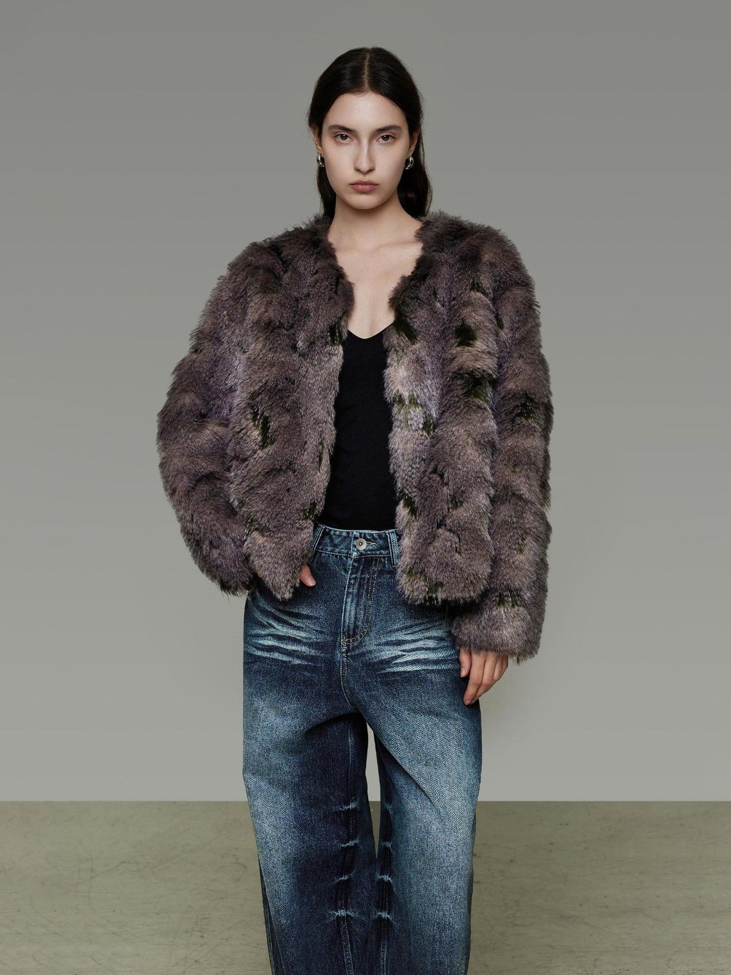 UNSPOKEN Warm Loose Fit Collarless Cropped Mocha Brown Women Long Sleeve Commuter Jacket