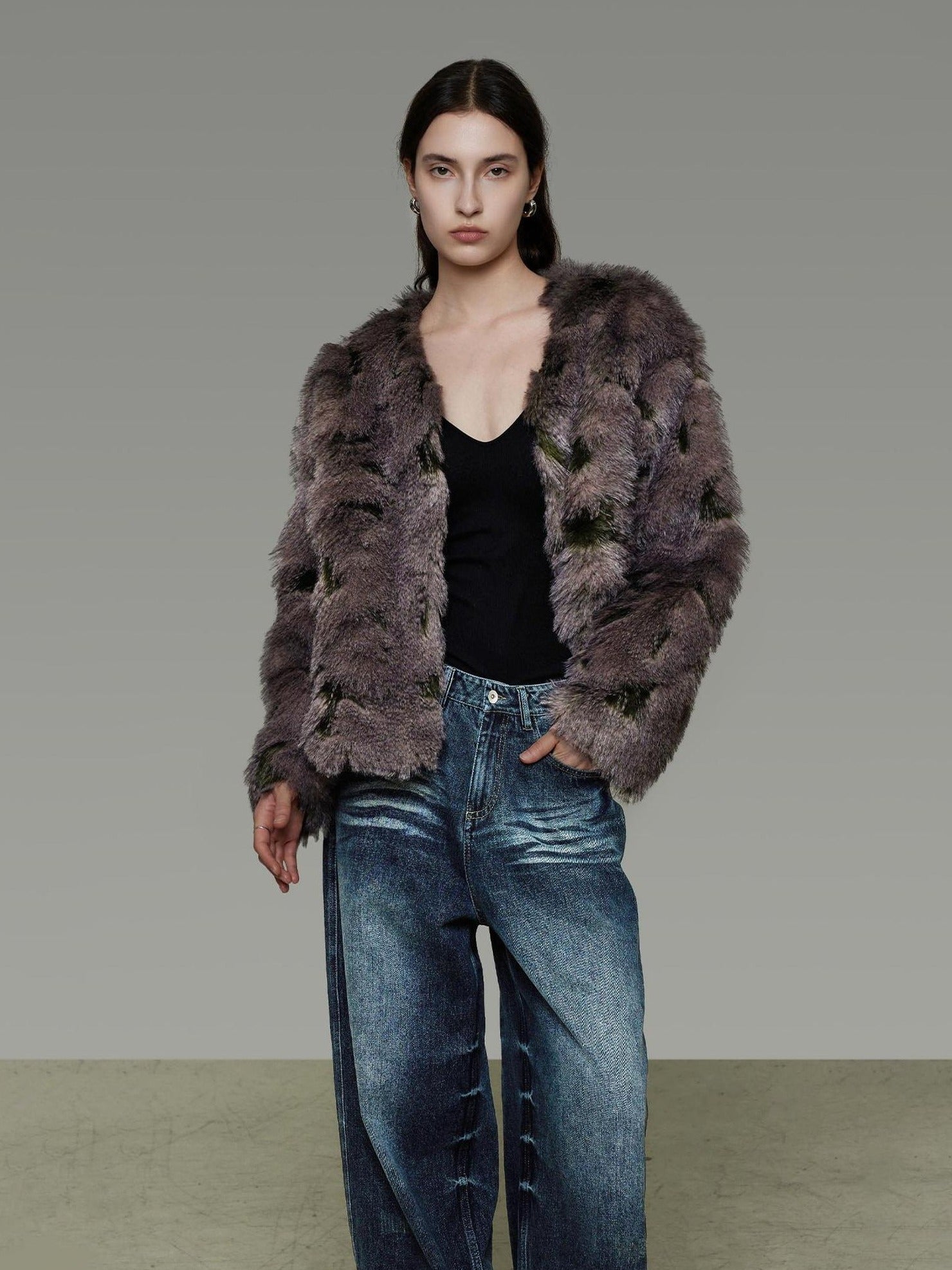 UNSPOKEN Warm Loose Fit Collarless Cropped Mocha Brown Women Long Sleeve Commuter Jacket