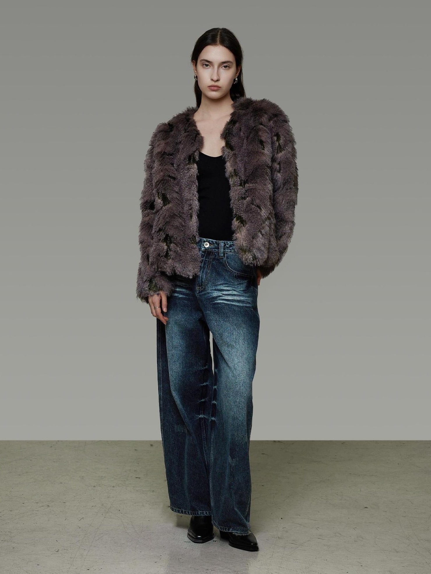 UNSPOKEN Warm Loose Fit Collarless Cropped Mocha Brown Women Long Sleeve Commuter Jacket