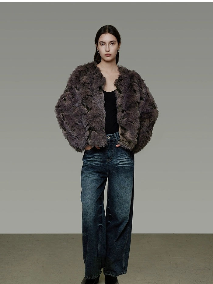 UNSPOKEN Warm Loose Fit Collarless Cropped Mocha Brown Women Long Sleeve Commuter Jacket