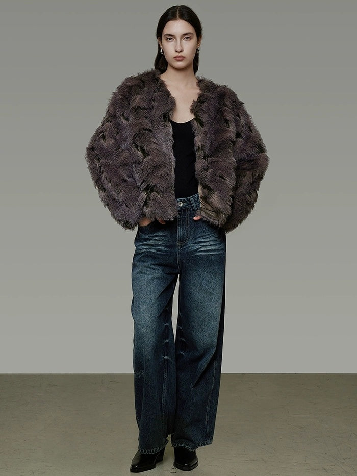 UNSPOKEN Warm Loose Fit Collarless Cropped Mocha Brown Women Long Sleeve Commuter Jacket