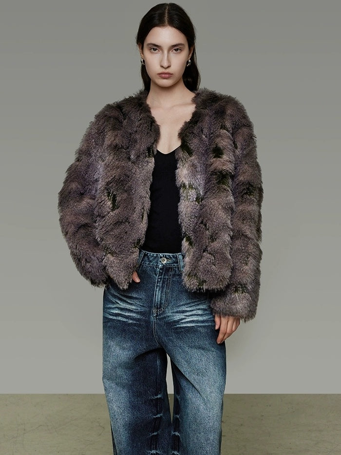 UNSPOKEN Warm Loose Fit Collarless Cropped Mocha Brown Women Long Sleeve Commuter Jacket