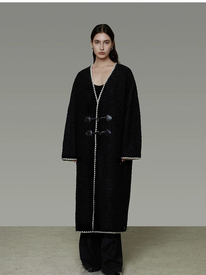 UNSPOKEN Warm Sheep Wool Midlength Loose Minimalist Commuter Black Horn Toggle Coat