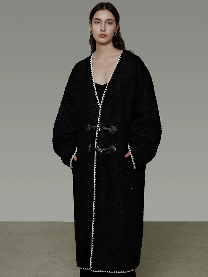 UNSPOKEN Warm Sheep Wool Midlength Loose Minimalist Commuter Black Horn Toggle Coat