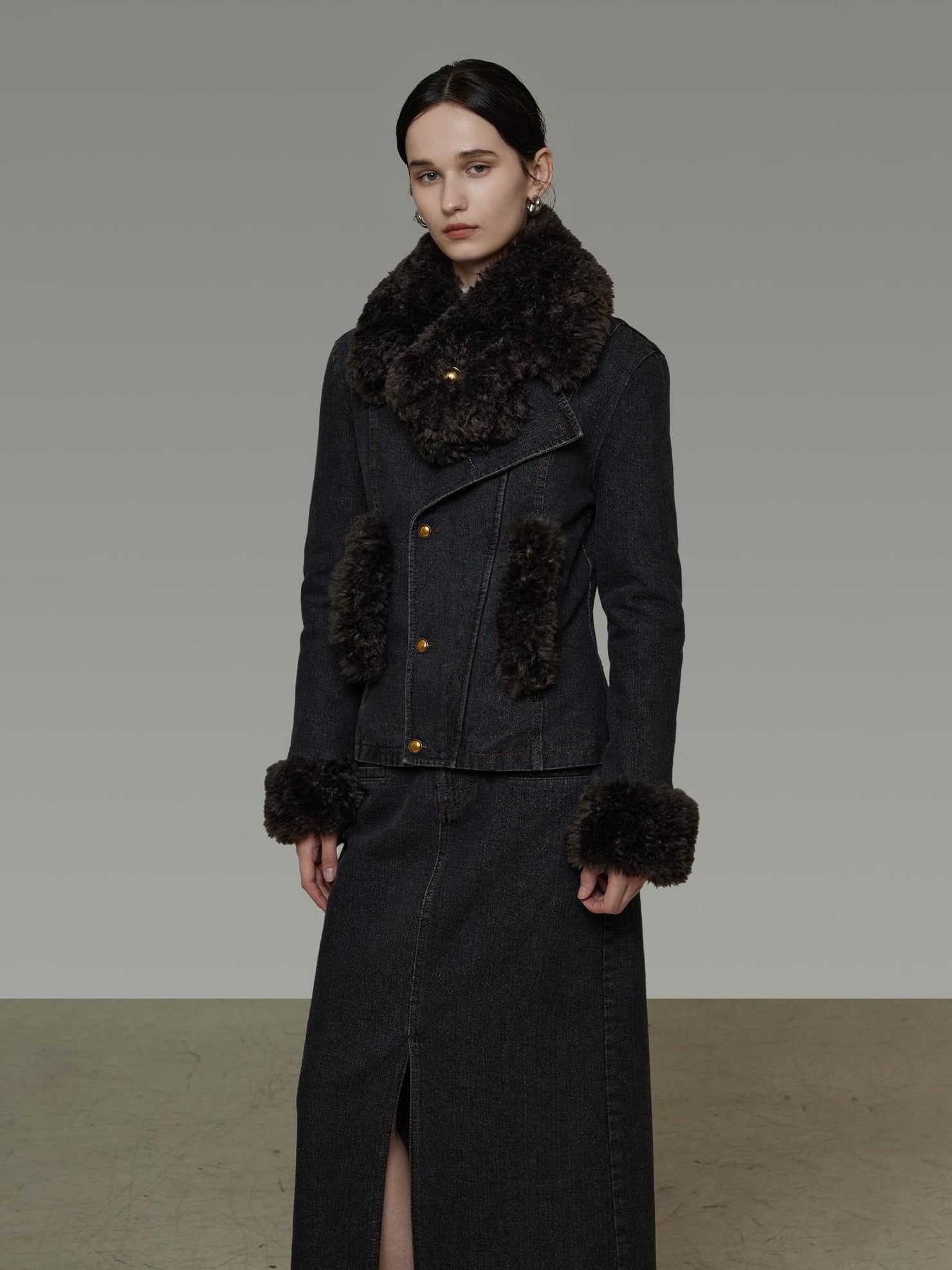 UNSPOKEN Warm Slim Fit Long Sleeve Button Front Women Washed Black Solid Color Jacket