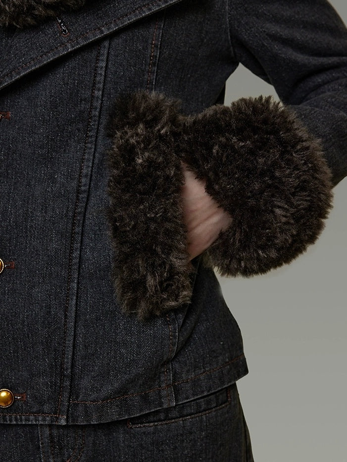 UNSPOKEN Warm Slim Fit Long Sleeve Button Front Women Washed Black Solid Color Jacket