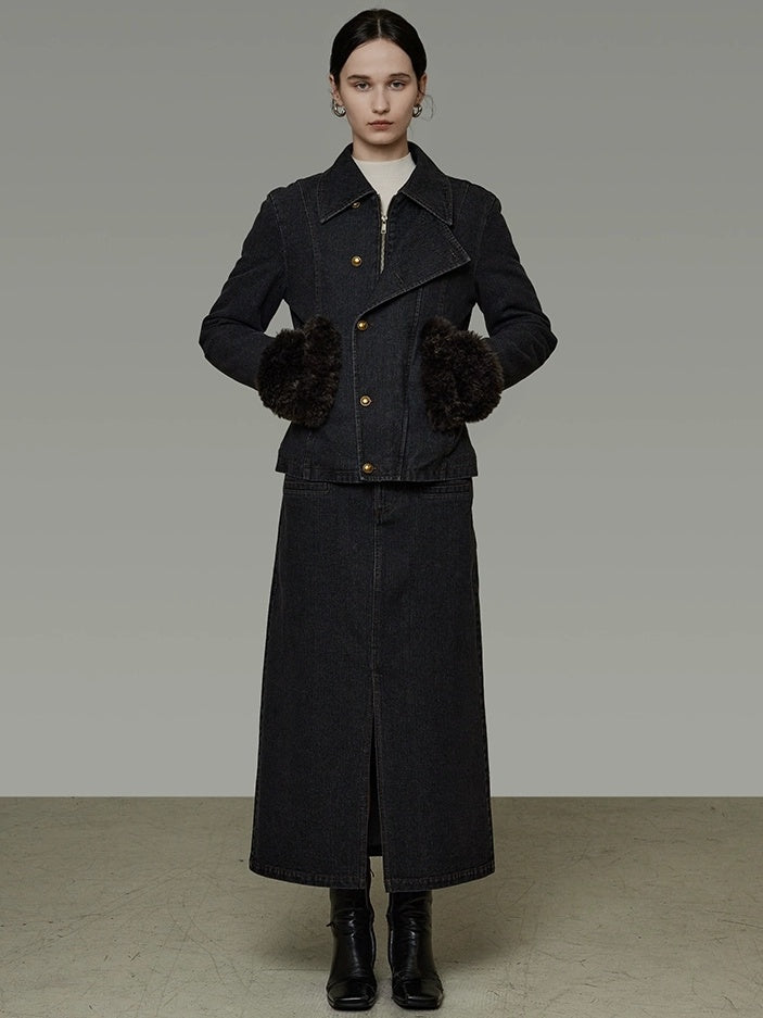 UNSPOKEN Warm Slim Fit Long Sleeve Button Front Women Washed Black Solid Color Jacket