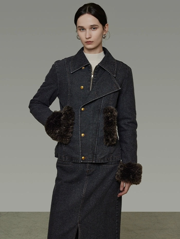 UNSPOKEN Warm Slim Fit Long Sleeve Button Front Women Washed Black Solid Color Jacket