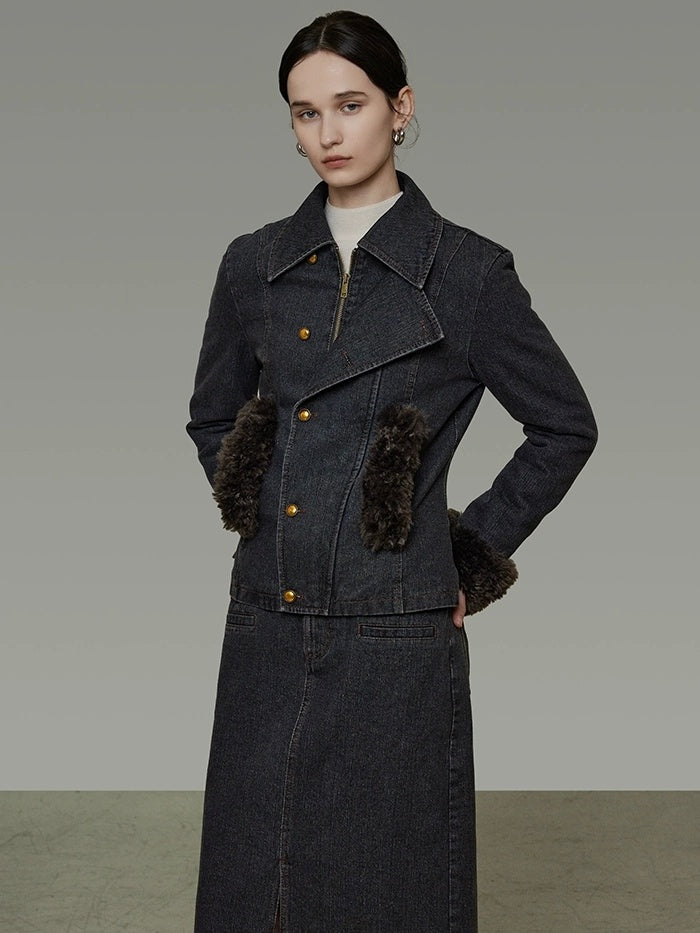 UNSPOKEN Warm Slim Fit Long Sleeve Button Front Women Washed Black Solid Color Jacket