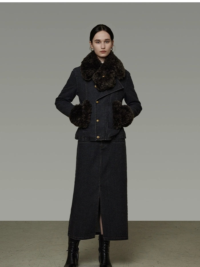 UNSPOKEN Warm Slim Fit Long Sleeve Button Front Women Washed Black Solid Color Jacket