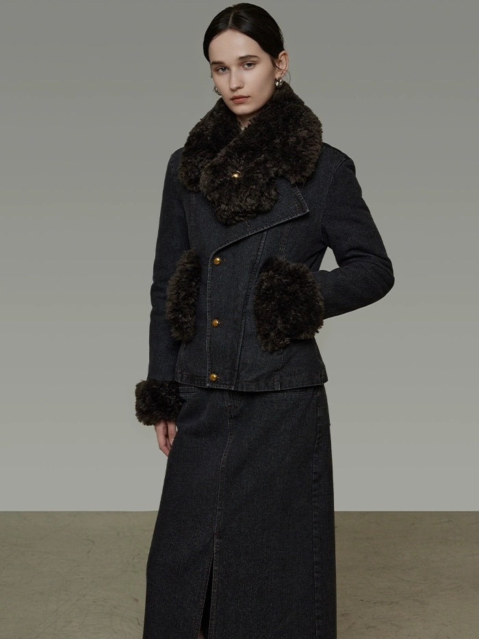 UNSPOKEN Warm Slim Fit Long Sleeve Button Front Women Washed Black Solid Color Jacket