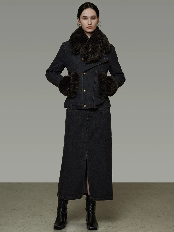 UNSPOKEN Warm Slim Fit Long Sleeve Button Front Women Washed Black Solid Color Jacket