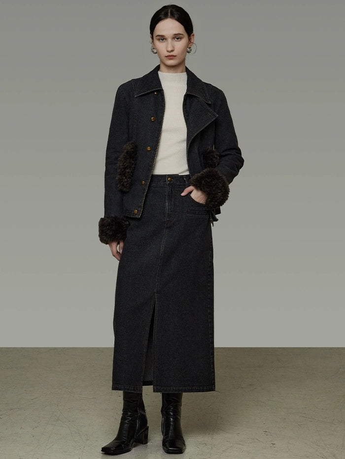 UNSPOKEN Warm Slim Fit Long Sleeve Button Front Women Washed Black Solid Color Jacket