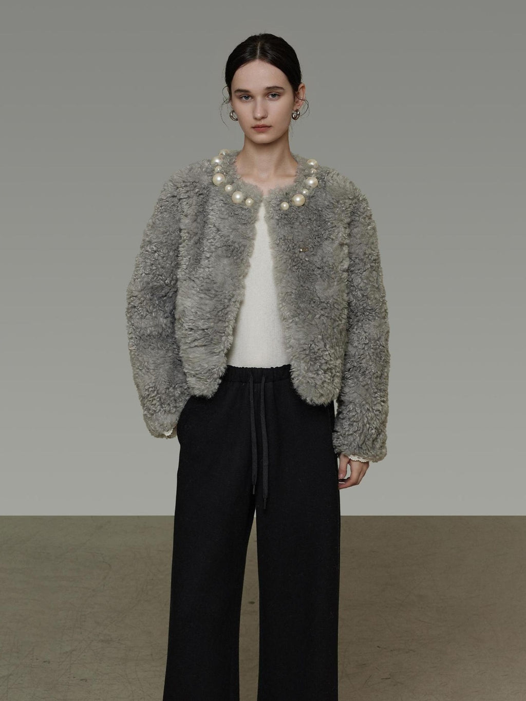 UNSPOKEN Warm Solid Color Loose Fit Crew Neck Long Sleeve Casual Women Gray Blue Jacket