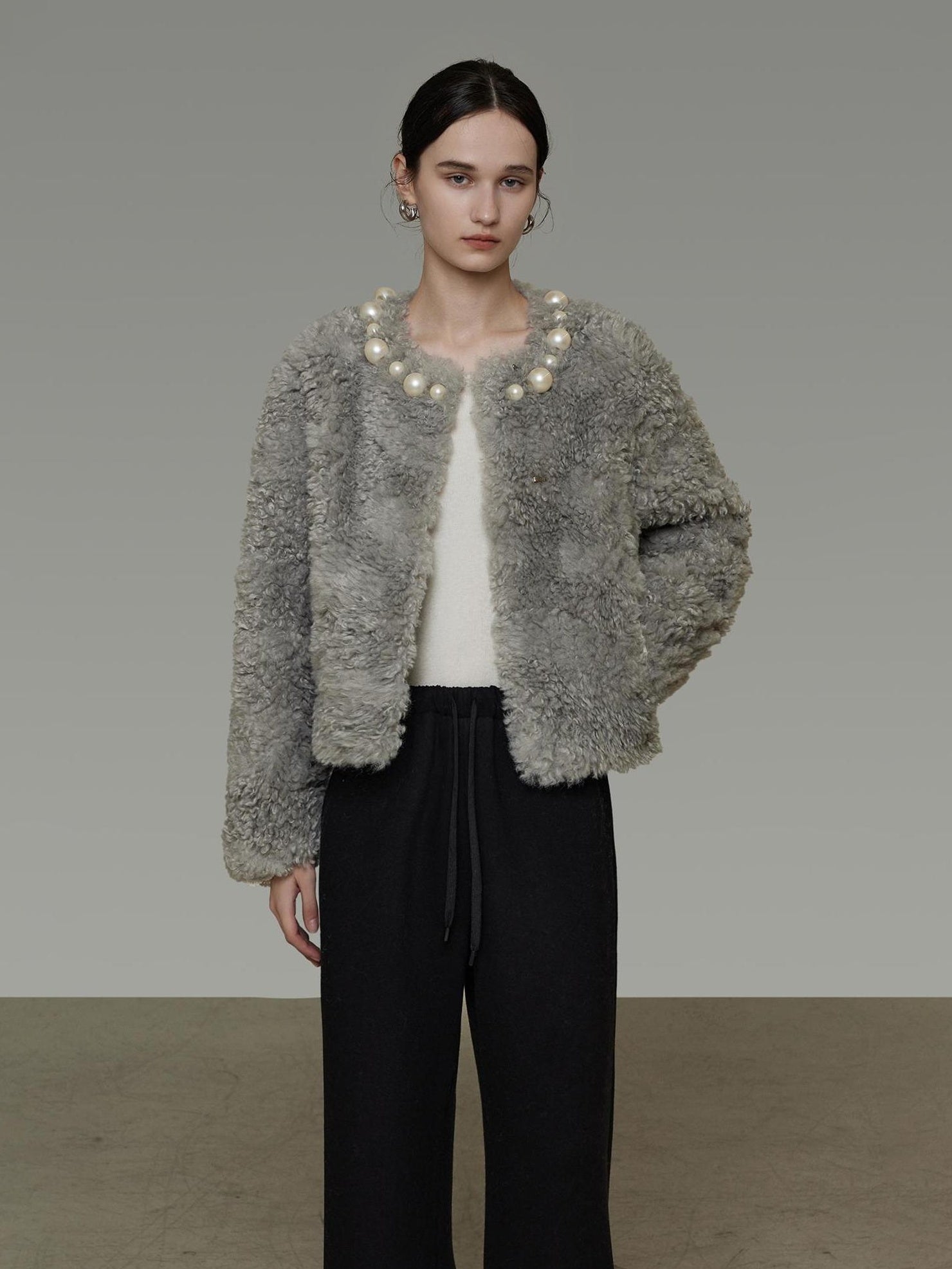 UNSPOKEN Warm Solid Color Loose Fit Crew Neck Long Sleeve Casual Women Gray Blue Jacket