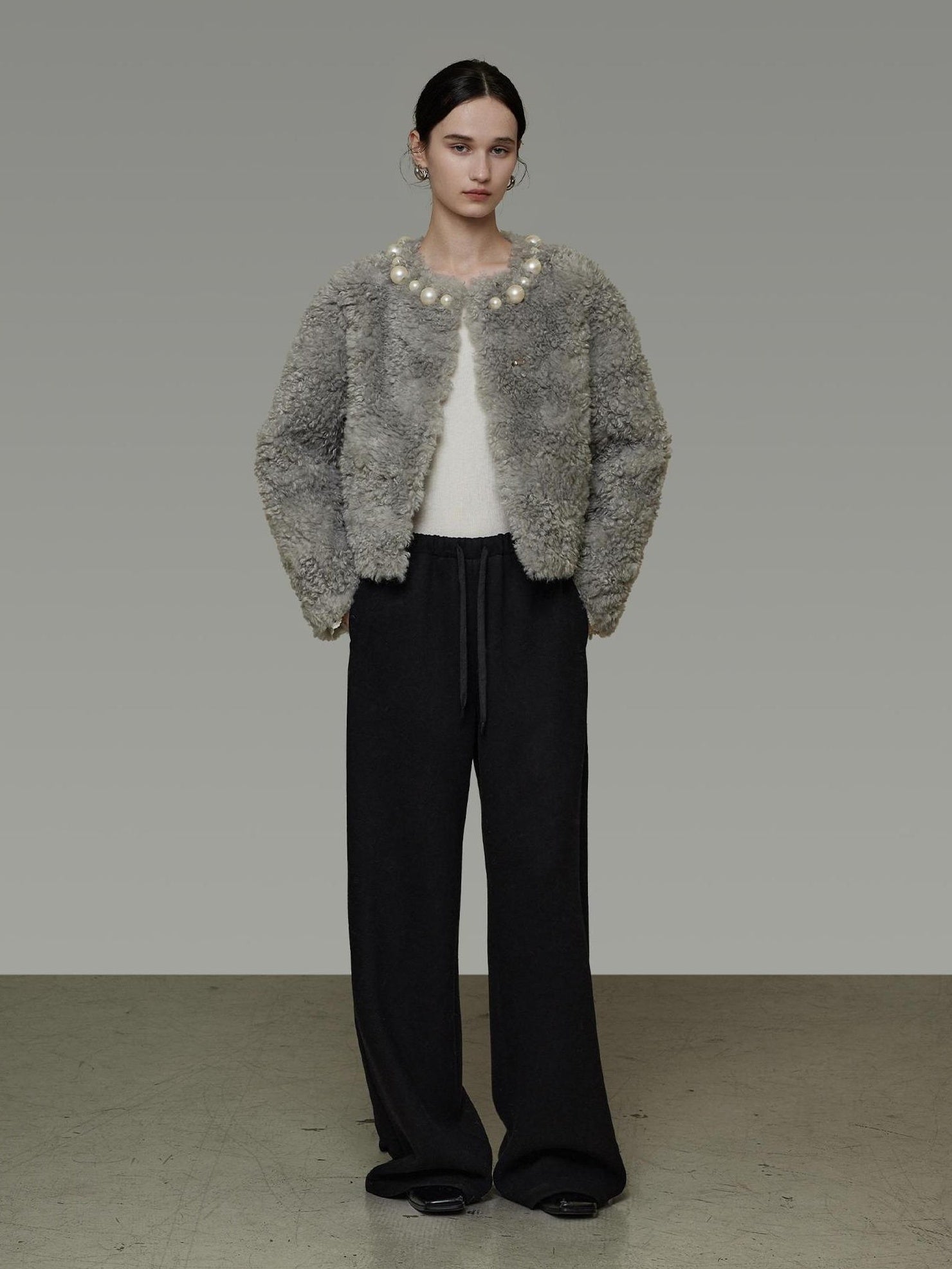 UNSPOKEN Warm Solid Color Loose Fit Crew Neck Long Sleeve Casual Women Gray Blue Jacket